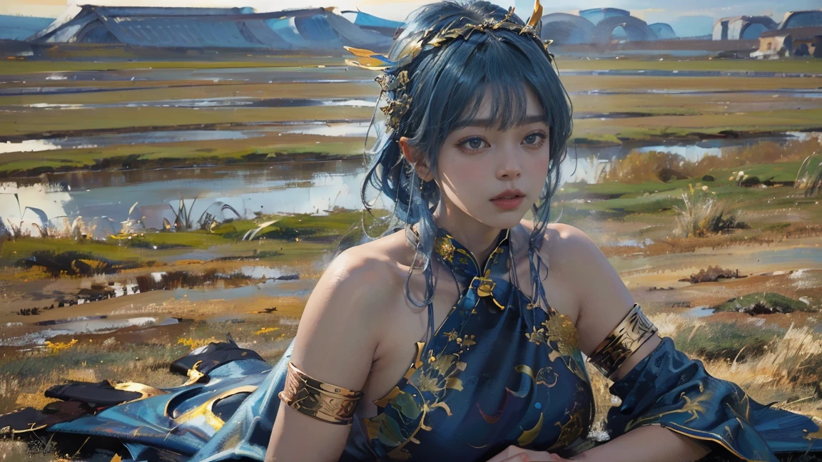 (The huge grassland in the background:1.5)，Oil painting style,The girl is on the other side,,Gold headdress，(Blue medium hair:1.2)，Late Night,(Blue cheongsam:1.2),(Metal:1.2),(Fat Face:1.2),(Upper body:1.),(Blue armlet:1.1),Crimson lips,With bangs