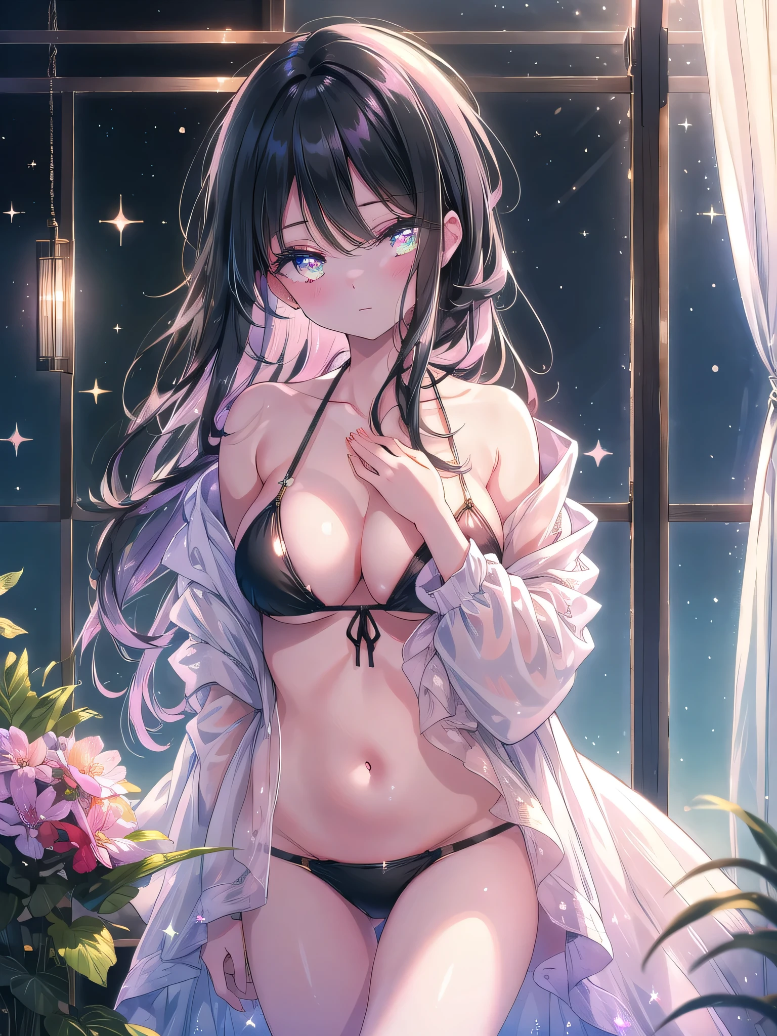 ((8k, Highest quality, masterpiece: 1.3)),Ultra-high resolution,(1 girl, alone), (Color changing eyes, Ultra-detailed, Expressive brilliance, Glitter, Glowing Eyes), Highly detailed eyes, Highly detailed face, Random Hair, ((pastel colour)),With her silky, jet-black hair cascading down her back, she leans against the wall of her bedroom, the evening light filtering through the curtains. One hand rests on her chest, lightly pressing against her bikini top, while the other traces the outline of the strap on her shoulder. Her eyes are closed, and the angle from the front captures the serenity and calmness of the moment, as if she's savoring the peaceful silence of her private sanctuary.