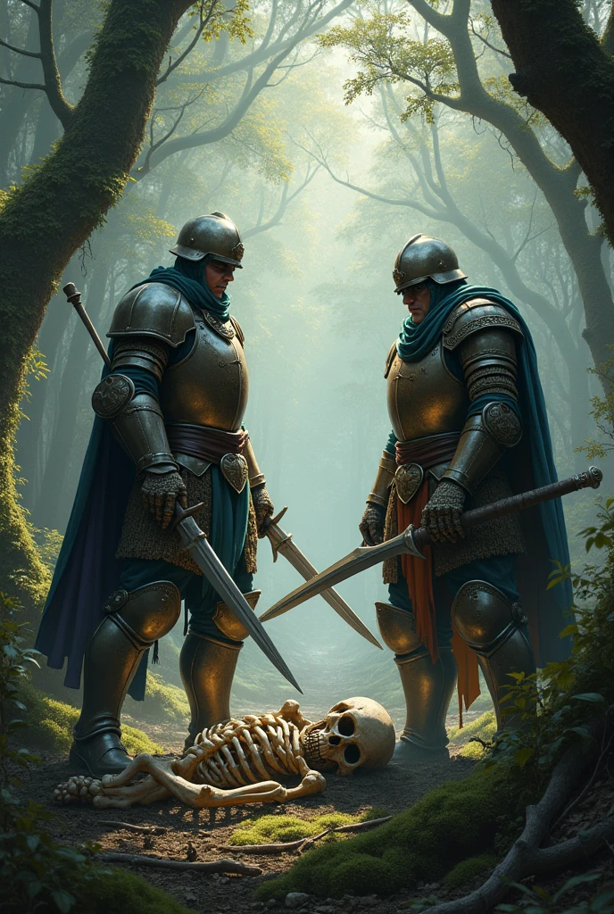 Two king soilders killing a huntsman near a skeleton which is laying on a forest ground