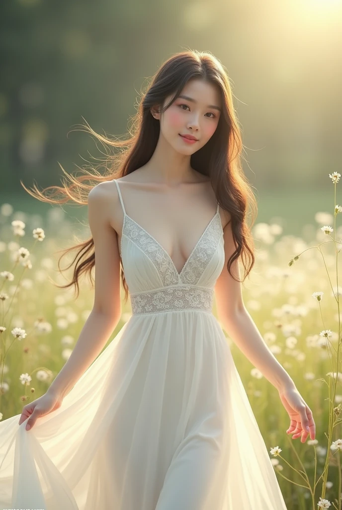 Beautiful Korean woman wearing a white dress