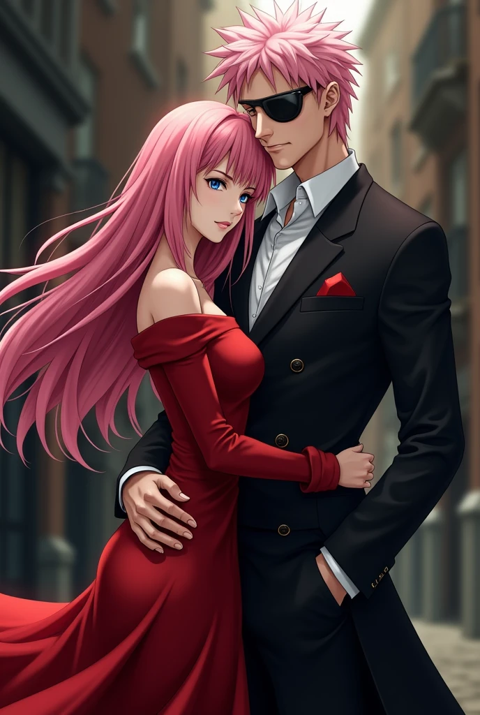 sasuke uchiha and sakura haruno, as a mafia couple. Sakura is clad in red sensual dress and sasuke is wearing a suit, with a shirt with open buttons on his chest