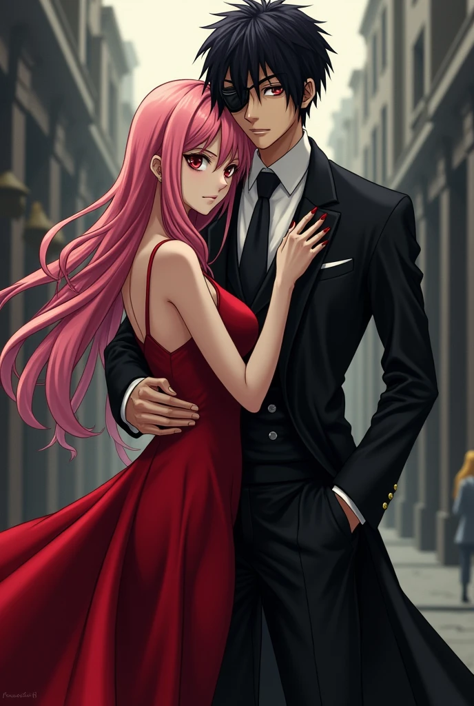 Sasuke Uchiha with an eye patch and a stylish black suit hugging Sakura Haruno with her long pink hair and wearing a red dress, both dressed in elegant clothes as if they were from the mafia and looking ahead