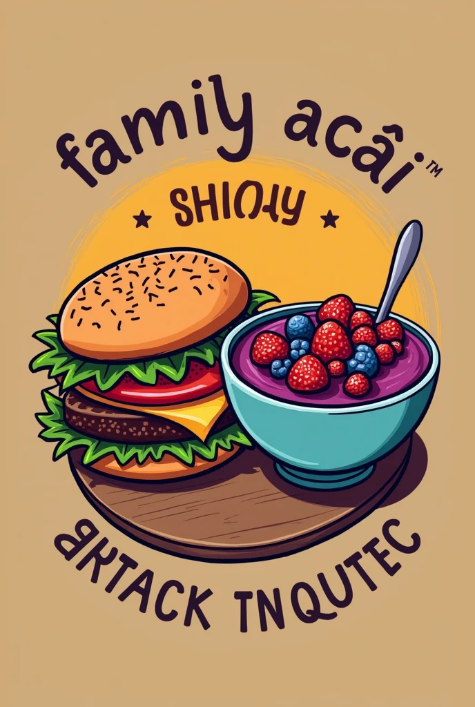 Create a logo for a food truck, with a photo of a hamburger and an açaí in the background, highlighting the sentence "Family Acai Snacks" exactly like that the sentence