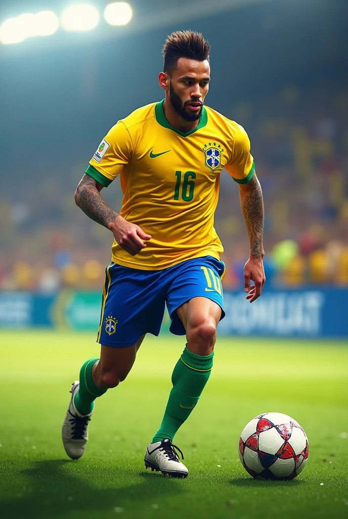 Brazil field soccer player neymar with green yellow blue uniform and