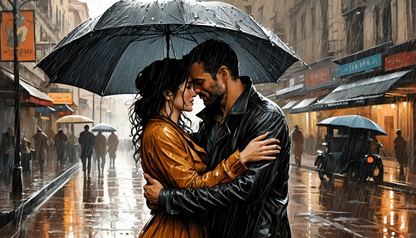 a digital wallpaper, I remember the time we were in love deep hugging, consistent character, muted colors, dramatic composition, nostalgic, digital painting, rainy, emotionally profound, leaving an indelible and haunting impression on psyche, unforgettable, very intricate, by Milo Manara and Russ Mills