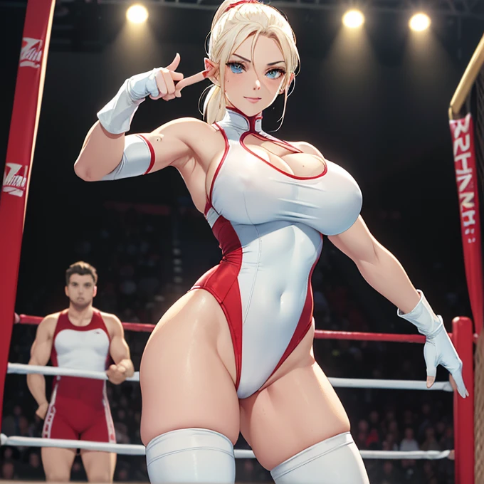 (absurdres, best high quality image, carefuly detailed features and textures, very detailed image) female wrestling, solo character,
Elf queen 1.000 years old mature adult milf: beautiful face, sexy feminine and sexy features, beautiful light blue eyes, voluptuous body, big breasts, huge butt, beautiful legs, golden long hair tied in a ponytail, golden eyebrows, (white one-piece wrestler leotard, white knee pads, white middle finger sleeves and white gloves, white elbow pads, cleavage).
Sexy pose and ready to wrestling, seductive smile, seductive face
Training gym wrestling ring.