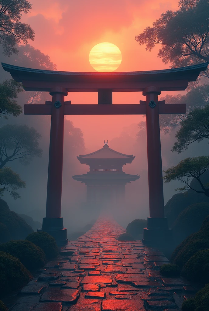Mysterious fog、sunset、shrine、Giant torii gate