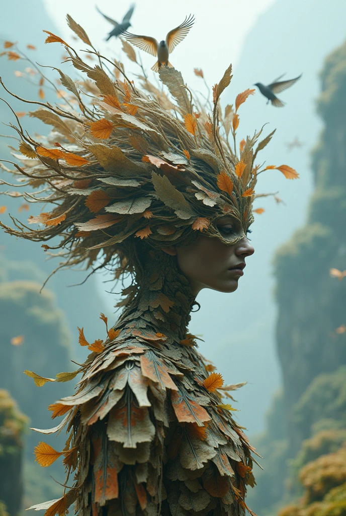 A headdress made with wind with birds. Made with cardboard and plastic bottles
