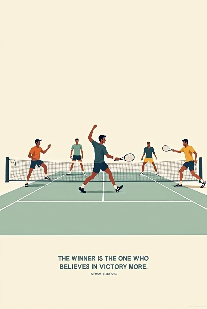 Minimalist square-sized image of Novak Djokovic alongside other prominent male tennis players, how Nadal, Sinner, Alcaraz, Rublev. In the background a tennis court, and soft colors. Let the players come out in full body playing a match. And put the phrase of Novak Djokovic: “The winner is the one who believes in victory more”. Let Novak star in the image.