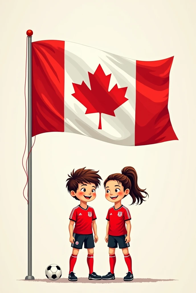 I want a poster with the measurements of one meter wide by sixty centimeters high with the flag of Canada with a boy and a girl with the Canadian soccer team in drawing 