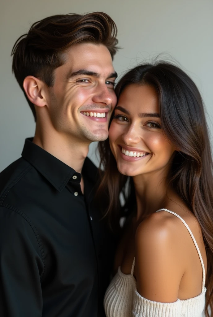 20 years old handsome guy selfie wore black shirt with his beautiful girlfriend