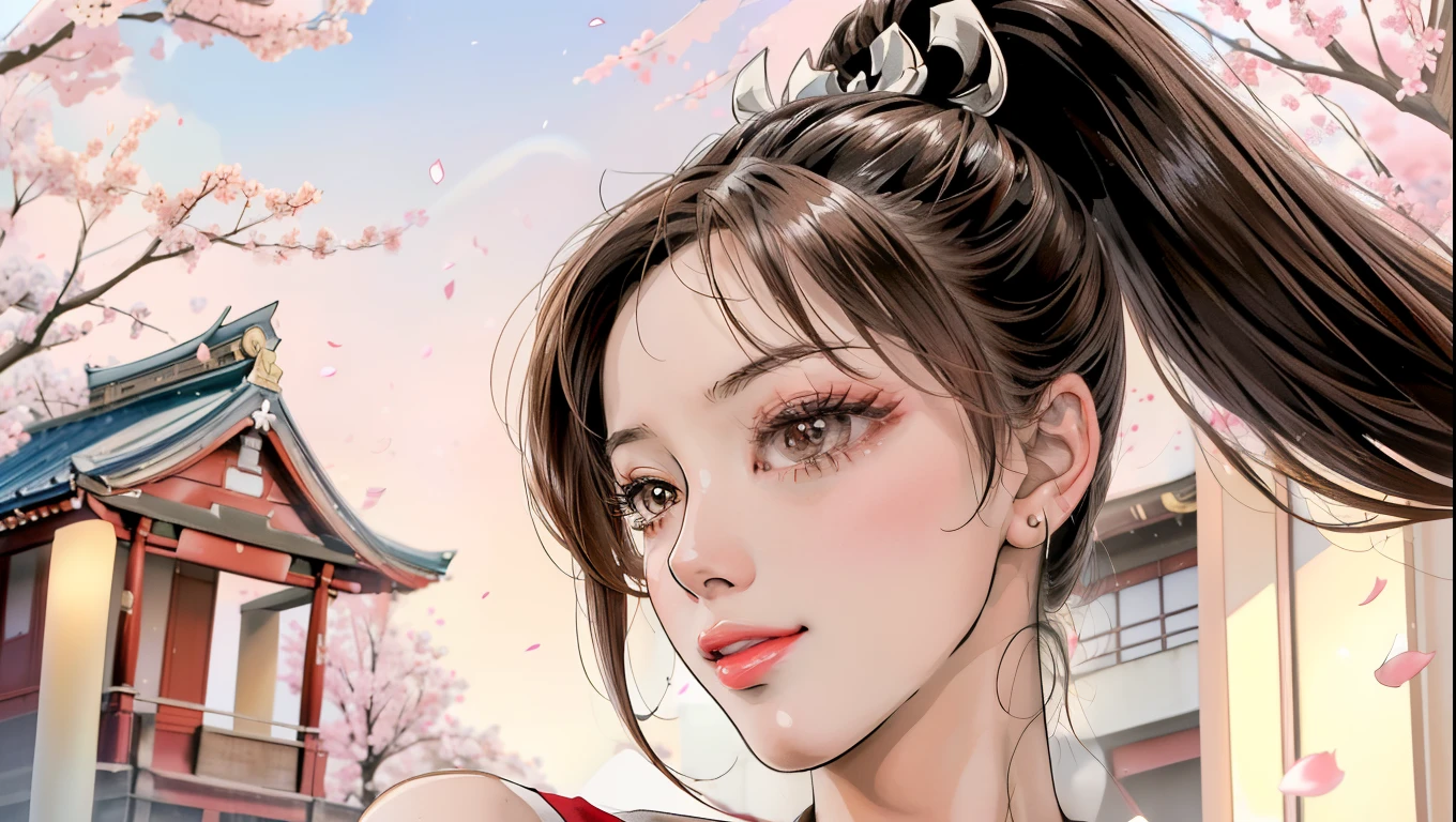 Japanese Beauty，Cherry Blossoms，Petals are just beginning to fall, In a park rich in nature、plant, (((Sexy姿势的杰作))), ((best quality)), ((complicated)), ((Surrealism)), Mature woman, Mature woman, , Very detailed, shape, mai Shiranui, ((Huge breasts)), Perfect hands, Finger details, beautiful eyes, ponytail，Brown eyes, (mai Shiranui suits:1.2),  earrings, Long detailed background, Perfect eyes, Charming eyes, Looking at the audience,  Rosy cheeks，Sexy，Cleavage，cute，Smile，beauty，Breast close-up，beauty的乳房，Osaka Castle，Japanese Shrines，Lots of hair，Exquisite facial features，charming