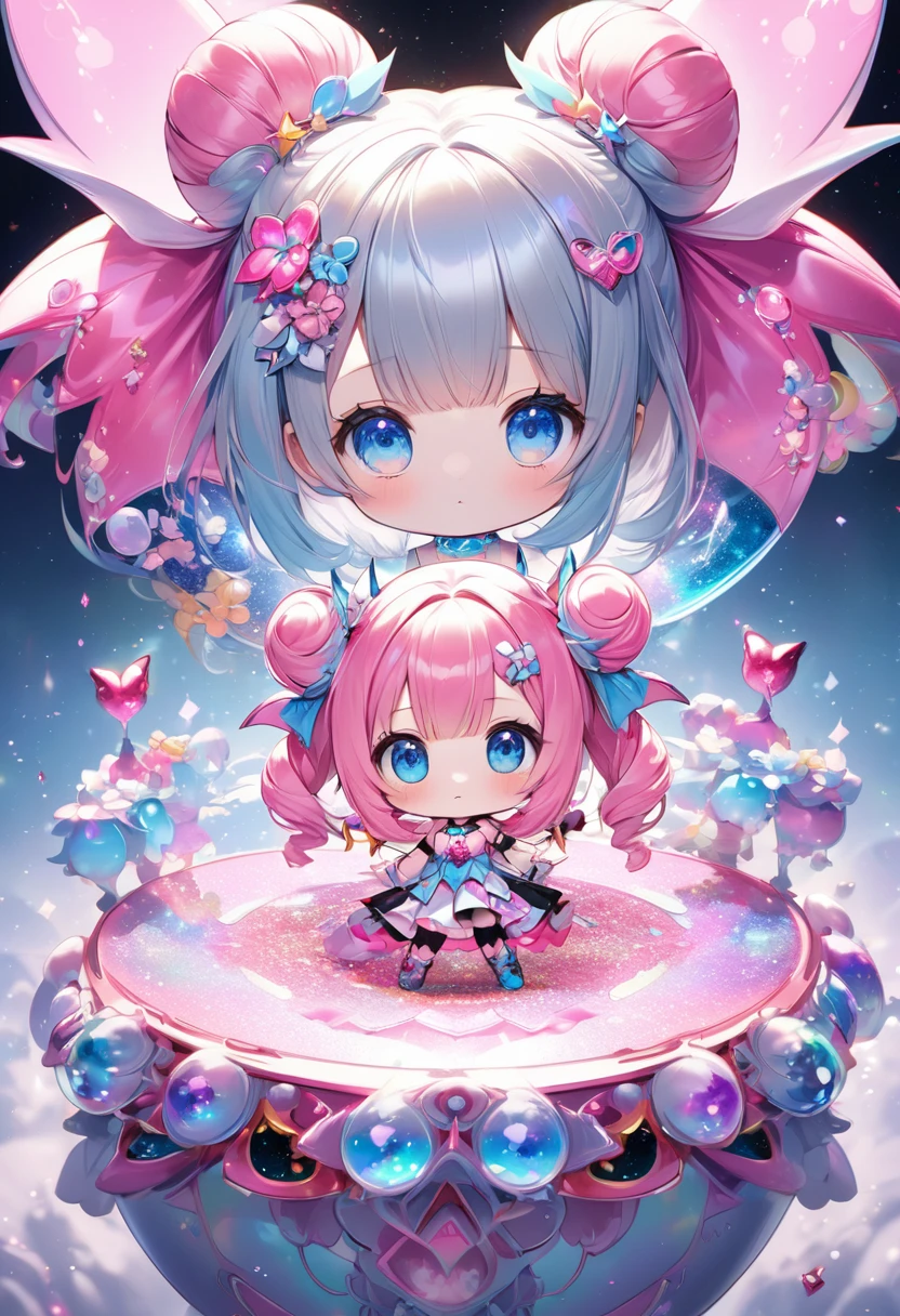 fantasy world that combines flower-punk and gem-punk, kawaii, cute magical girl, silver two side twin bun silky straight with blunt bang, cute lazy look, blue big eyes, glamorous proportions, wearing magical girl costume with a large opening at the chest, background distorted space from another dimension, cute little devils, conceptual installation art, (ultra detailed, absolutely resolution, best quality:1.3), 2.5D, delicate and dynamic effects, foggy filter effects, iridescent glitter effects, artistic, hyper, graphic CG digital fantasy art