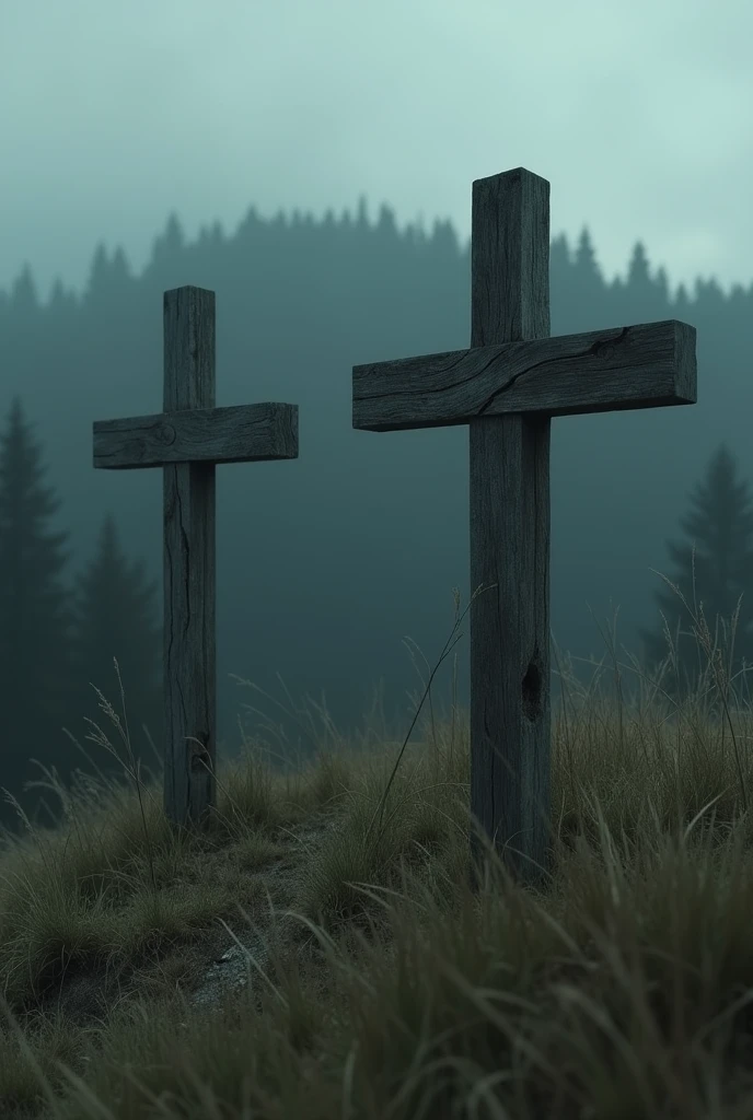 Very dark photo , just two simple old cracked wooden crosses in the tall grass on the hill , in the background there is a deciduous forest , everything is in gothic style