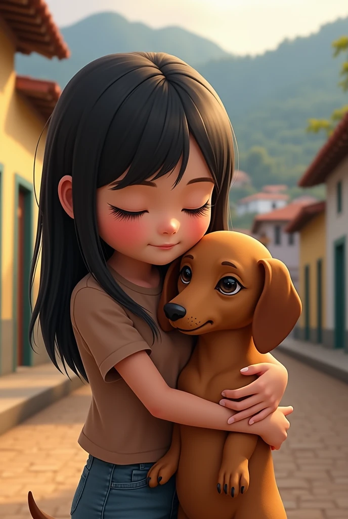 from this platform: "There is a small dachshund that has many small white spots around its face that are slowly coming together and disappearing. , She has a light brown body and a teenager who is hugging her, straight black hair and brunette in Guaranda Ecuador