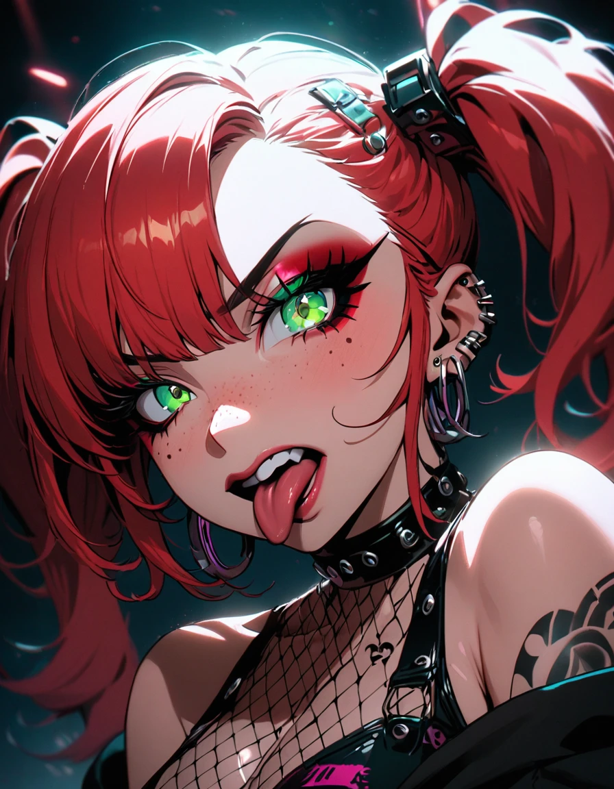 woman, curly red hair in pig tails, green eyes, eye shadow, black hoodie, black finger-less gloves, exposed shoulders, large breasts, freckles, cleavage, fishnet undershirt, looking at viewer, Holo-Punk Style, goth, earrings, eyelashes, makeup, solo, tattoo, punk aesthetic, cinematic lighting, masterpiece, best quality, face close up, sticking tongue out, vagface