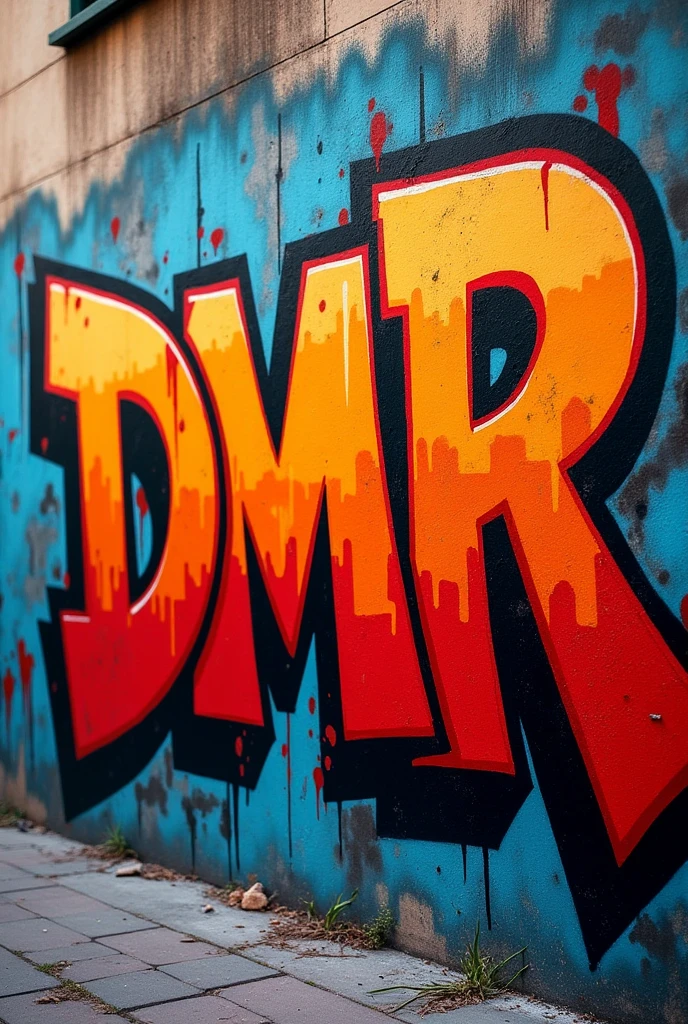 WALL GRAFFITIED WITH THE WORD "DMR" WITH THE COLORS ORANGE AND RED, WARMEST COLORS, BECO, substance, garfite, 8k, GRAFFITIER, inking, SPRAY, HEAD SHOP