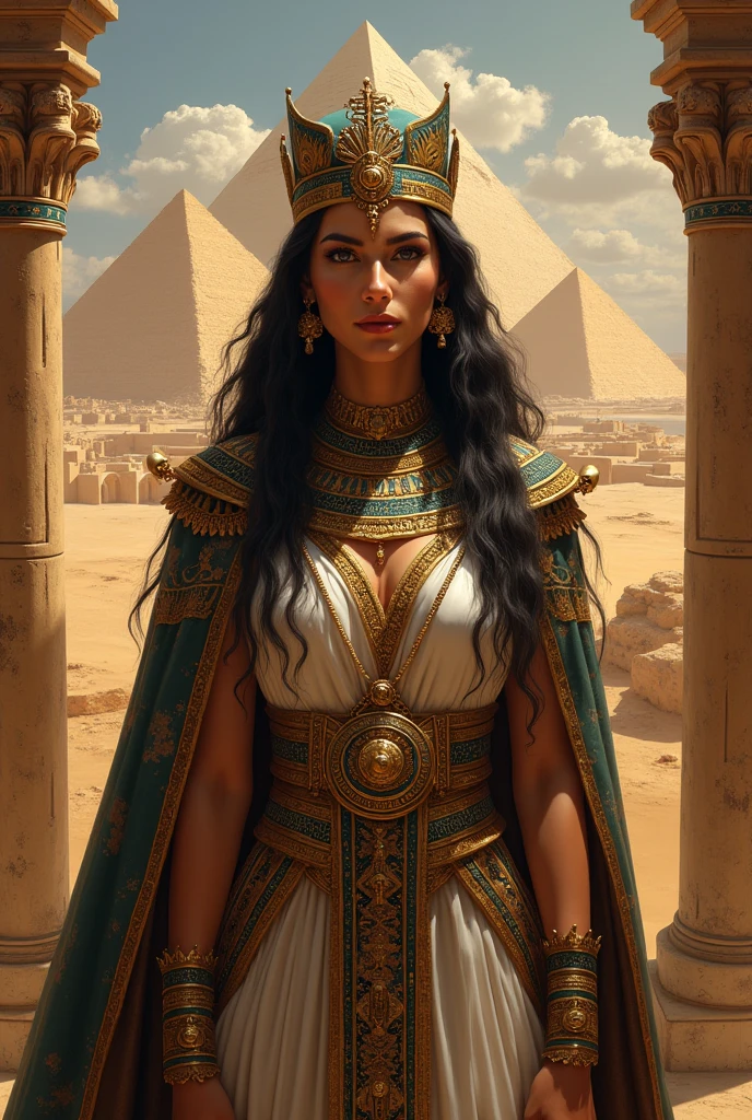 Background depicting Cleopatra as a queen with covered clothes and realistic Egyptian culture with landscapes
