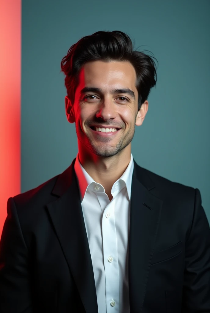 A young Man With Dark hair and a confident smile He is Dressed in a black blazer over a white shirt The man is positioned against aqua colour backdrop with a subtle red lighting on the left side and he posing for Linkedin profile