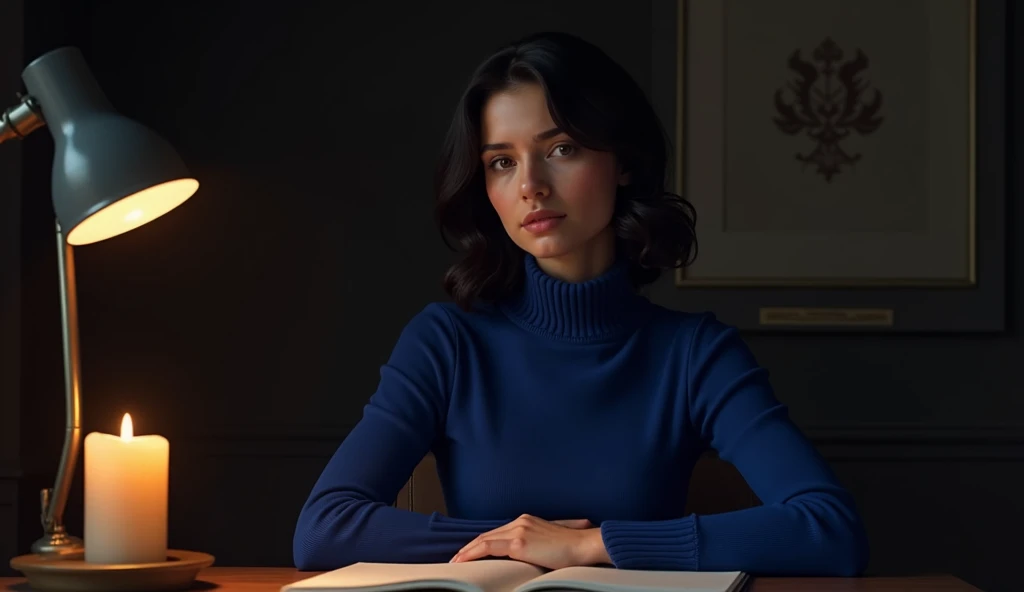 Young woman of 2, black hair with falling waves, hazel eyes, Pale skin, soft features, europea, calm expression, Royal blue turtleneck long sleeve sweater, looking to the camera, dark background room, Two types of lighting, sitting behind a desk with a lit candle.