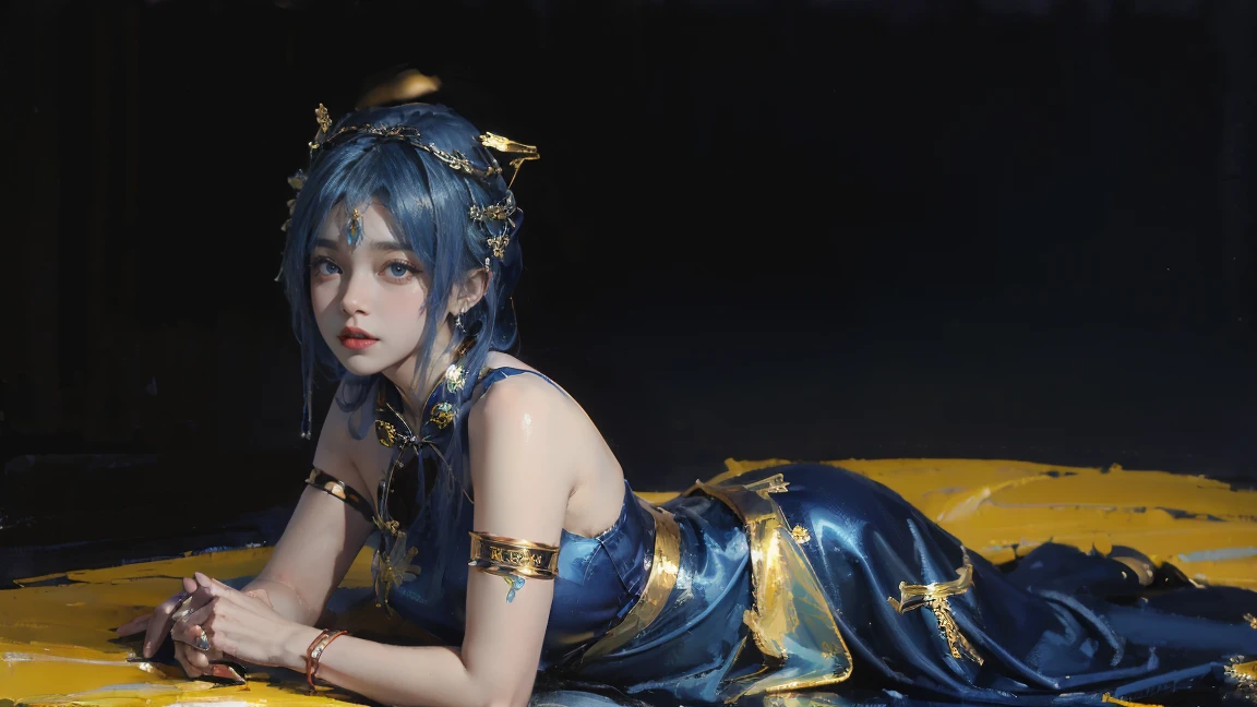 (from sport car :1.5)，Oil painting style,The girl is on the other side,,Gold headdress，(Blue medium hair:1.2)，Late Night,(Blue cheongsam:1.2),(Metal:1.2),(Fat Face:1.2),(Upper body:1.),(Blue armlet:1.1),Crimson lips,With bang