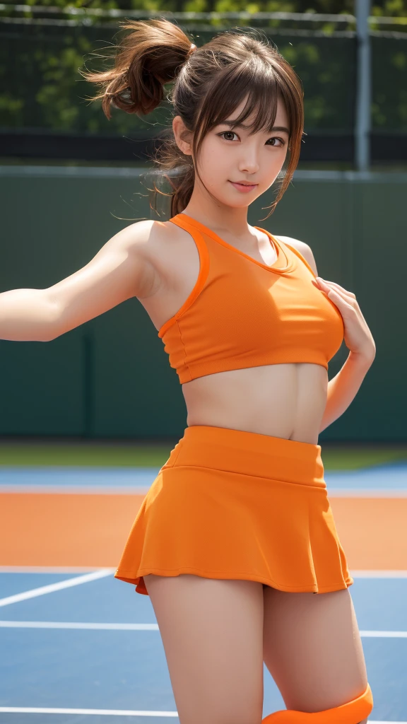 (Highest quality),((Very detailed)),4K,(8k),masterpiece,Very detailedな,Highest quality,Super Resolution,18 year old Japanese female,(height:152 cm),1 person,Tennis Girl,Very beautiful face,Cute type,A small smile,Big Natural Color Lip,Big and beautiful eyes,Brown eyes,Obvious double,Small and cute nose,Soft light brown long hair,Asymmetrical bangs,Floating Hair NovaFrog Style,orange tennis wear,((Orange super short micro mini skirt:1.5)),(No pants:1.5),((Tennis court:1.3)),Soft Light,RAW quality,Soft Skin,(Glowing Skin,Sweaty:1.5),Perfect Anatomy,Beautiful Hands,Five strong fingers,Beautiful feet,Voluptuous thighs,Plump body,Huge breasts,(Expresses the roundness and softness of the chest area.........1),Beautiful body,(The perfect woman),Accurate joint movement,(Provocative dynamic pose),Skirt flip, nsfw,(spread pussy:1.3)
