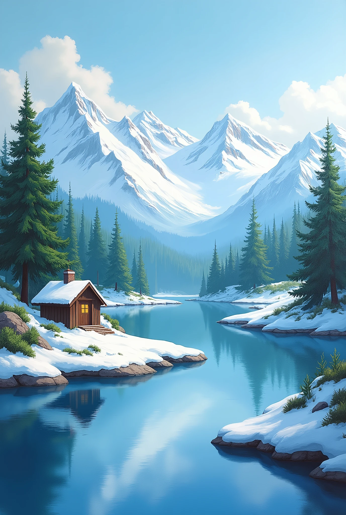 landscape with many small
snow mountains in the back a lake in the middle , forest, house
acrylic painting
