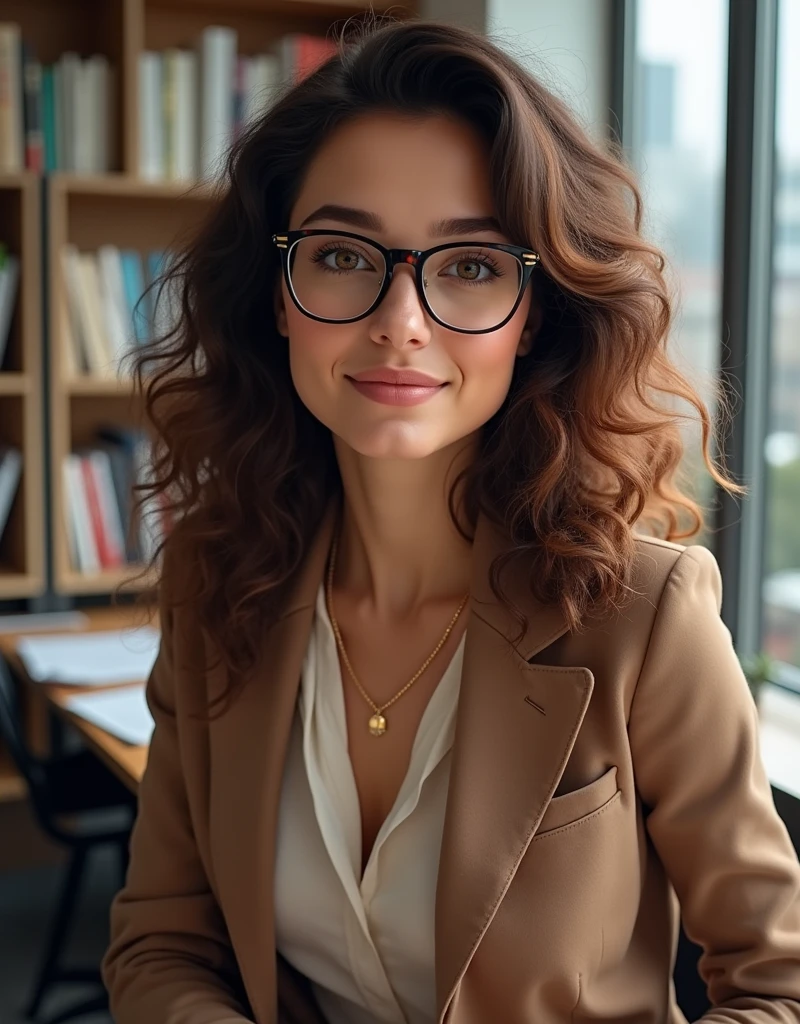 Office woman with fair skin, curly brown hair, brown eyes and glasses.