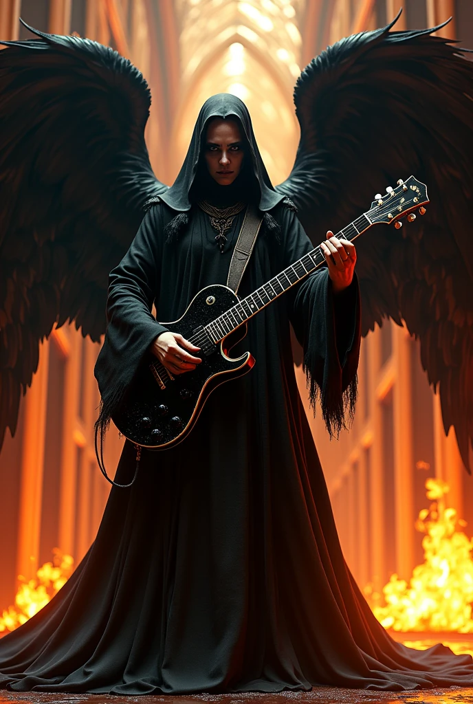 Black angel of death with guitar mirrored with fire