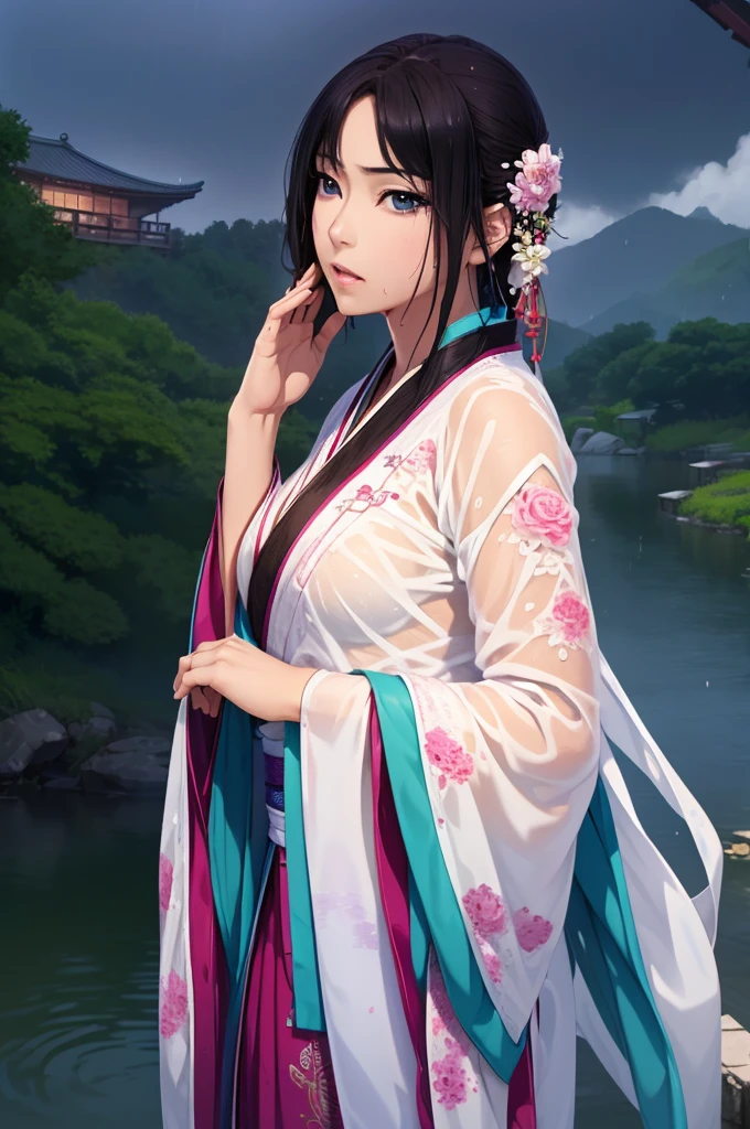 Heavy rain background、field、Escaping through the river、 (Highest quality,4K,8k,High resolution,masterpiece:1.2), Very detailed, (Realistic,Realistic,Photorealistic:1.37), High resolution, Hyper HD, Studio Lighting, Ultra-fine painting, Sharp focus, Physically Based Rendering, Very detailed説明, Professional, Vibrant colors, Bokeh, Sports Late, Ancient War Landscapes, Traditional Chinese Painting Techniques, Atmospheric lighting, Vivid color contrast, Visually stunning composition, Ethereal atmosphere,Very detailed目と顔, Beautiful attention to detail, Light on the face,豪華なHanfu (Hanfu: 1.1),My whole body is wet、My clothes are wet and transparent、Nipples are visible、nipples color pale pink、Dynamic pose、Rain clouds spreading across the sky、Heavy rain weather、Pouring rain、Wind and rain storm、((Soaked skin from head to toe))、((Rain-soaked clothes(Rain dripping from clothes))、((The lines of your body are clearly visible through your wet clothes..))、Green Eyes、Tired look、Disheveled clothing、Slim figure、Small breasts