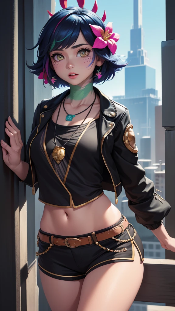 masterpiece,(best quality,top quality,8k),ultra detailed,illustration,painting,detailed eyes and face,1girl,neeko,facial marks, hair ornaments, hair flower, necklace,black shorts, (black jacket:1.1),(short hair), pretty girl, beauty skin, ultra high res, raw photo , detailed body , (looking at viewer ),(puffy eyes) ,good contrast , high sharpness,(gorgeous),realistic,RAW Photography,(hyperdetailed:1.2),city
