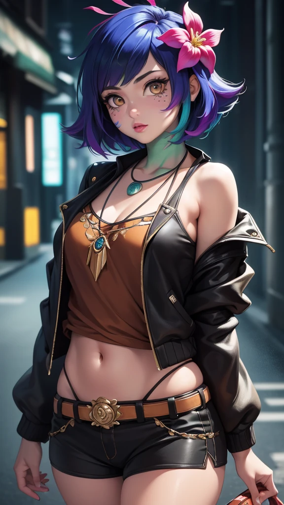 masterpiece,best quality,high resolution,8k,ultra HD,wallpaper,illustration,perfect face,cowboy shot,beautiful detailed eyes,extremely detailed face,perfect lighting,extremely detailed CG,perfect hands,perfect anatomy,perfect body,perfect hands,perfect fingers,1woman,full body,megami magazine,(muscle fighter:1.1),purple bob hair,purple eyes,large breasts,Medium ass,medium nipples,white tube top,black short hot pants,clothed,,collarbone,,looking at viewer,sexy look pose,Steam,Wet,sweat,home,forehead two demon horn ears,perfect demon horn