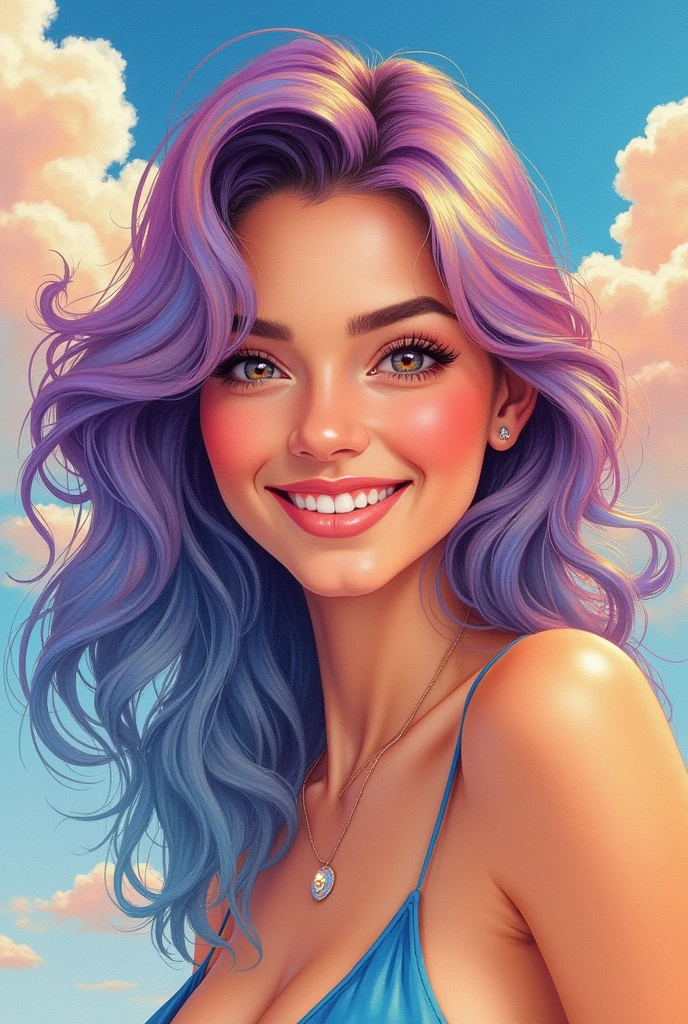 (Masterpiece, Top Quality, Best Quality, Watercolor (Medium), Official Art, Beautiful and Aesthetic: 1.2), (1 ultra hot gorgeous European woman: 1.3), (Fractal Art: 1.3), she’s a playmate and men magazine model. Age 23. Morning, Good Morning, Smile, Sunny Day, Cheerful, Look Viewer, Pattern, Wave, (Iridescent Hair, Colorful Hair: 1.2), Sky, Gas, Clouds, Colorful, Soap Bubbles