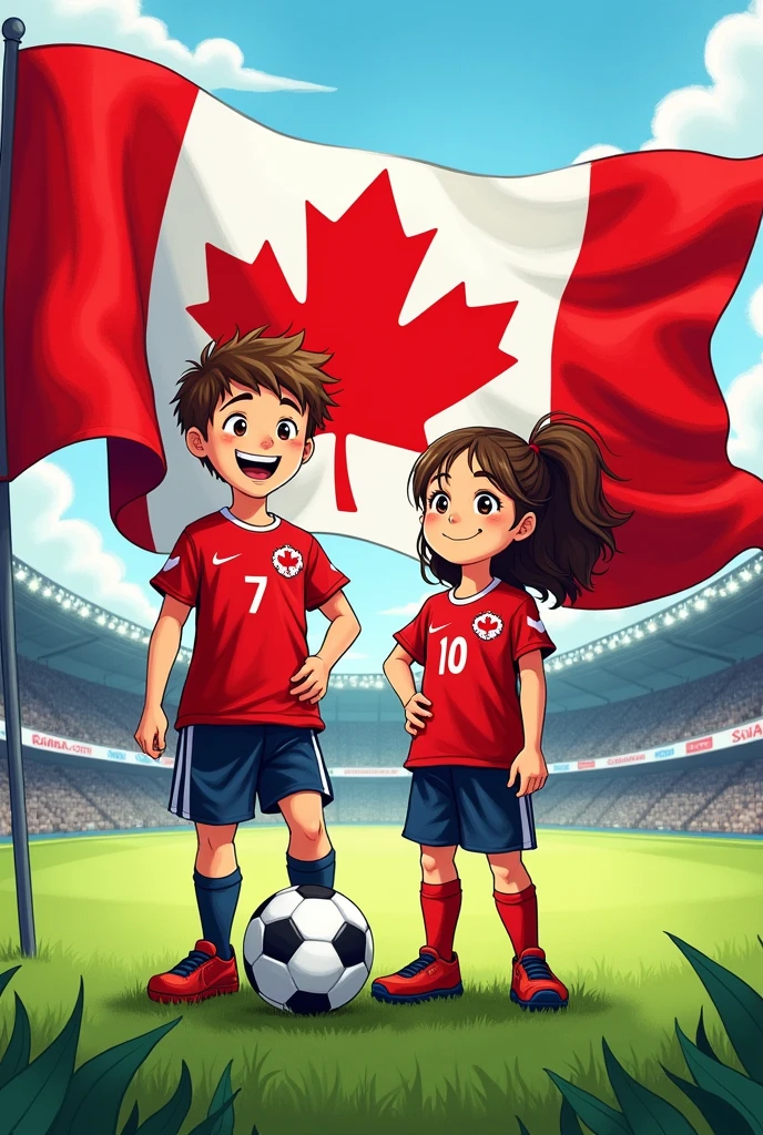 I want a poster with the measurements of one meter wide horizontally by sixty centimeters high vertically with the flag of Canada with a boy and a girl with the Canadian soccer team in a drawing. 
