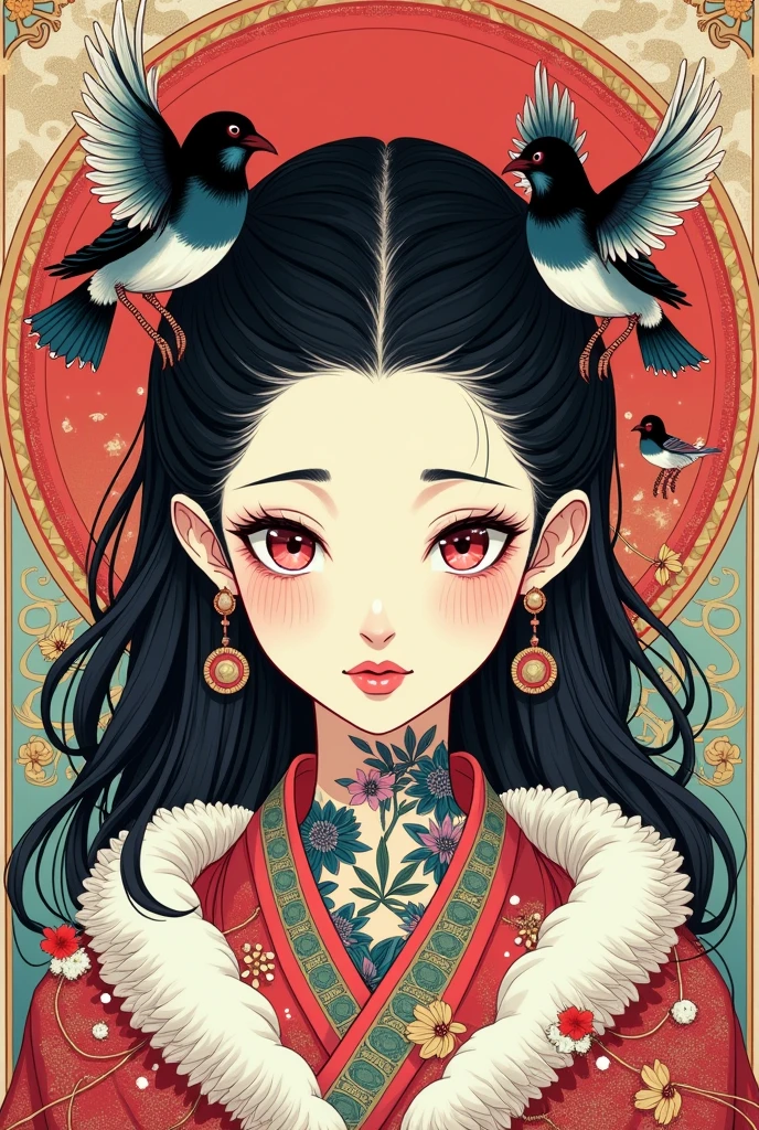 ((best quality)), ((masterpiece)), (detailed), ((perfect face of [Nezuko Komado] from Kimetsu No Yaiba)), black hair, pink eyes, surreal, art nouveau, sparrows, fantasy, sci-fi, line drawing, japanese, traditional, vintage, elegant, chic, sophisticated, tattooed face, black and white, in the style of french illustrator moebius, 
