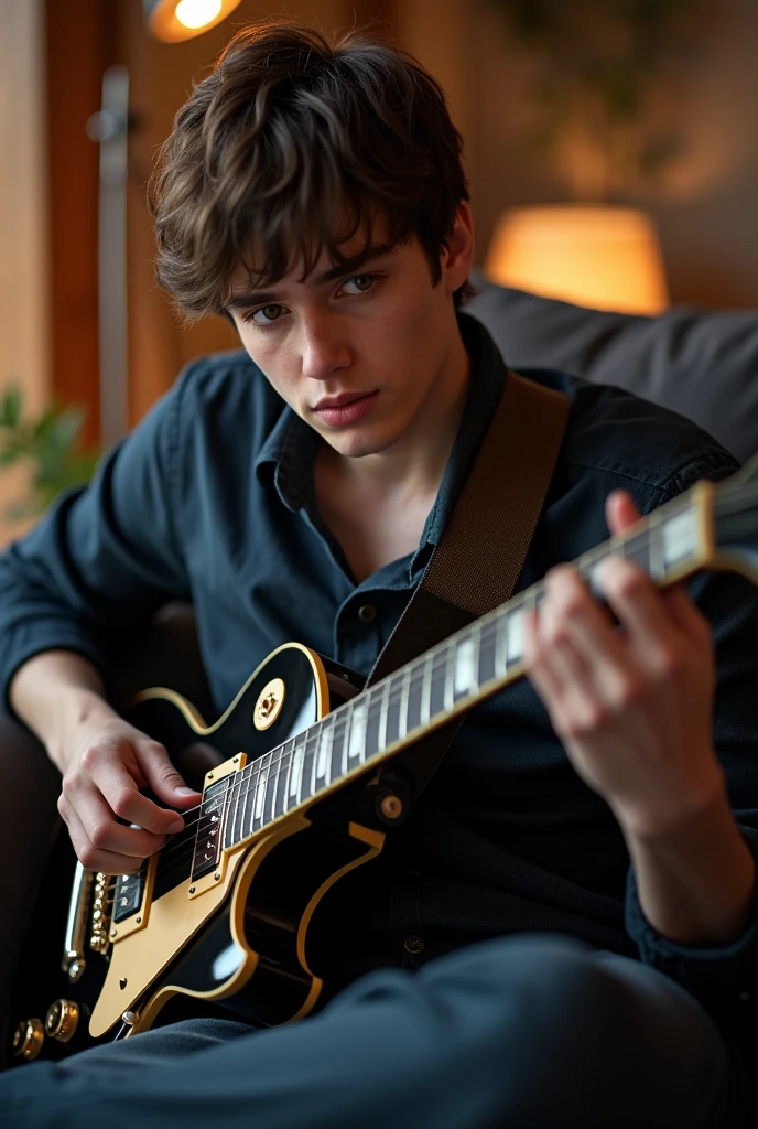 Young man medium brown hair brown eyes playing les paul black beauty on sofa 8k ultrarealistic