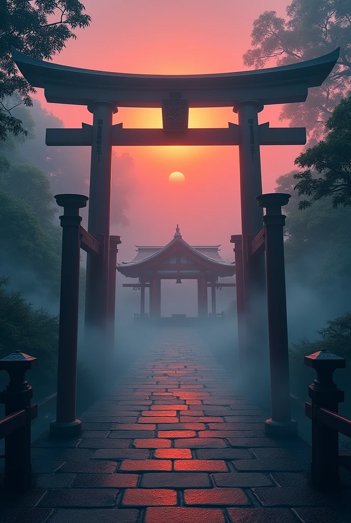 Mysterious fog、sunset、shrine、Giant torii gate