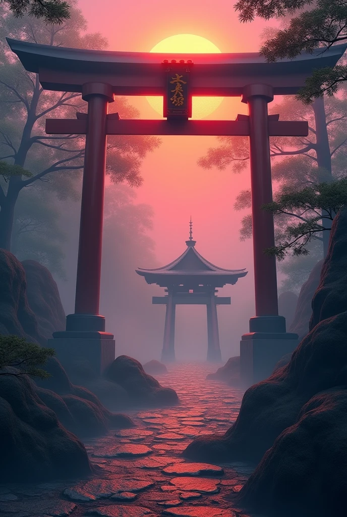Mysterious fog、sunset、shrine、Giant torii gate