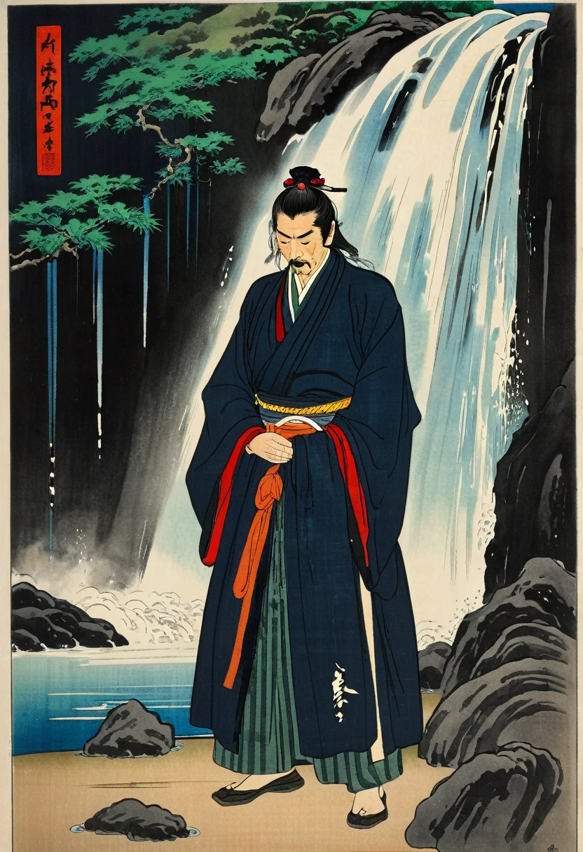 Myamoto musashi legendary japanese samurai with hands clasped standing with eyes closed near a waterfall 
