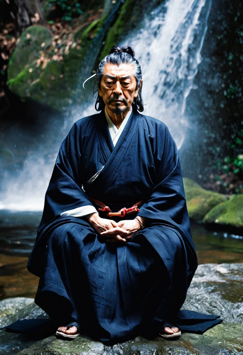 Myamoto musashi legendary japanese samurai with hands clasped standing with eyes closed near a waterfall