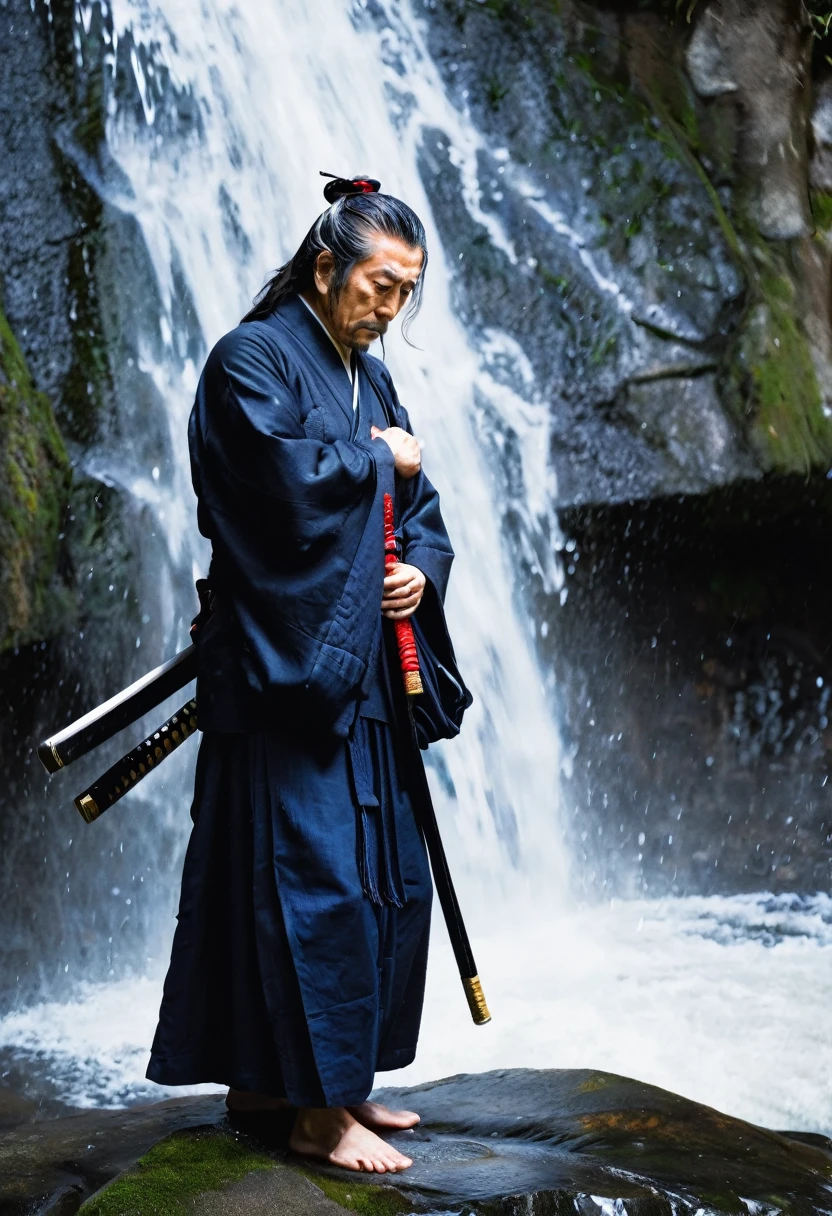 Myamoto musashi legendary japanese samurai with hands clasped standing with eyes closed near a waterfall 