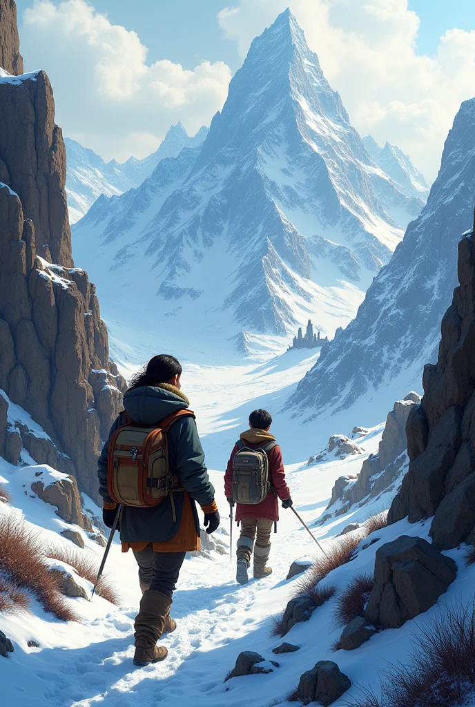 Liz and young Jhon Luis climbing the mountains towards the lost castle, with the silhouette of the ruins on the horizon.