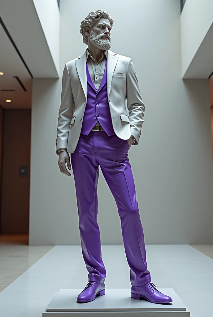 STATUE OF A GREEK GOD IN A SUIT WITH PURPLE DETAILS