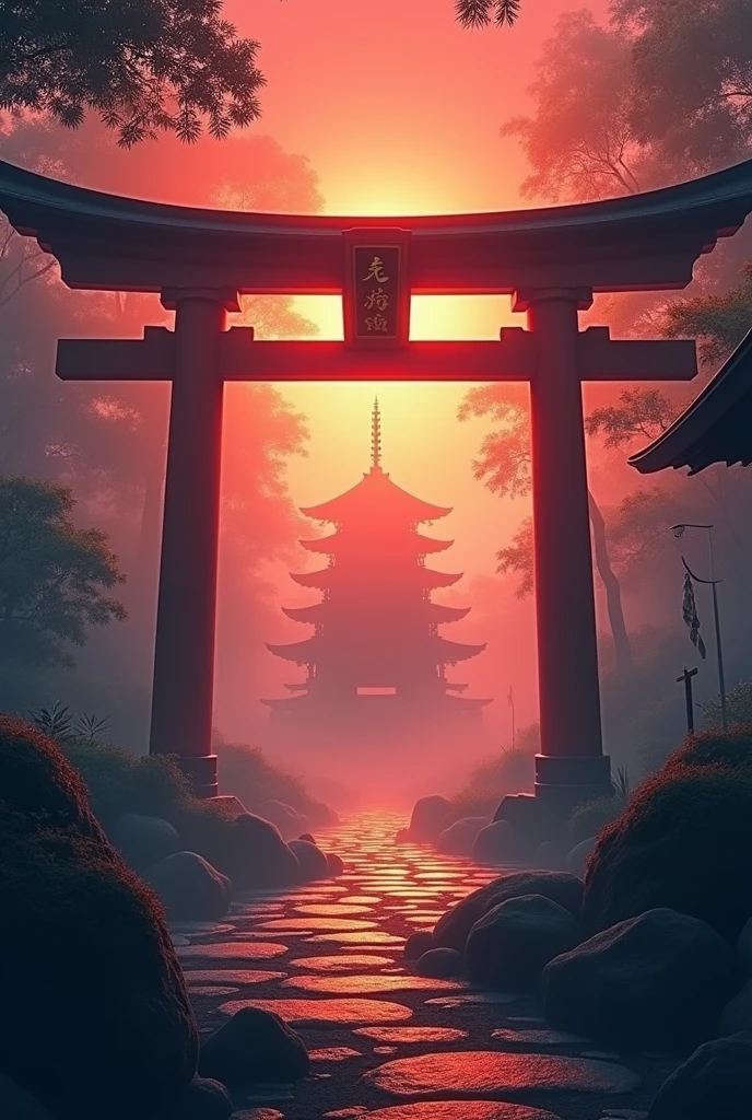 Mysterious fog、sunset、shrine、Giant torii gate