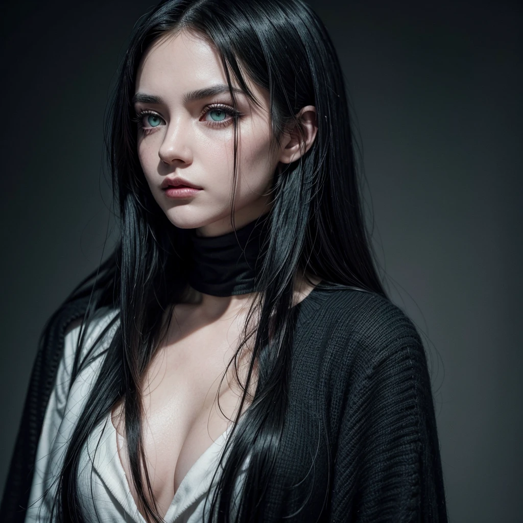 A close-up portrait of a young woman between 25 and 30 years old, with long, black hair, and pale white skin. Her dark green eyes are striking, enhanced by bold makeup. She embodies a rock and gothic style, with an alternative edge. The expression on her face is confident and enigmatic, capturing the essence of a strong and mysterious character. The background is subtle, allowing her fierce look and alternative fashion to stand out, in harmony with the dark and artistic content of the Instagram profile.