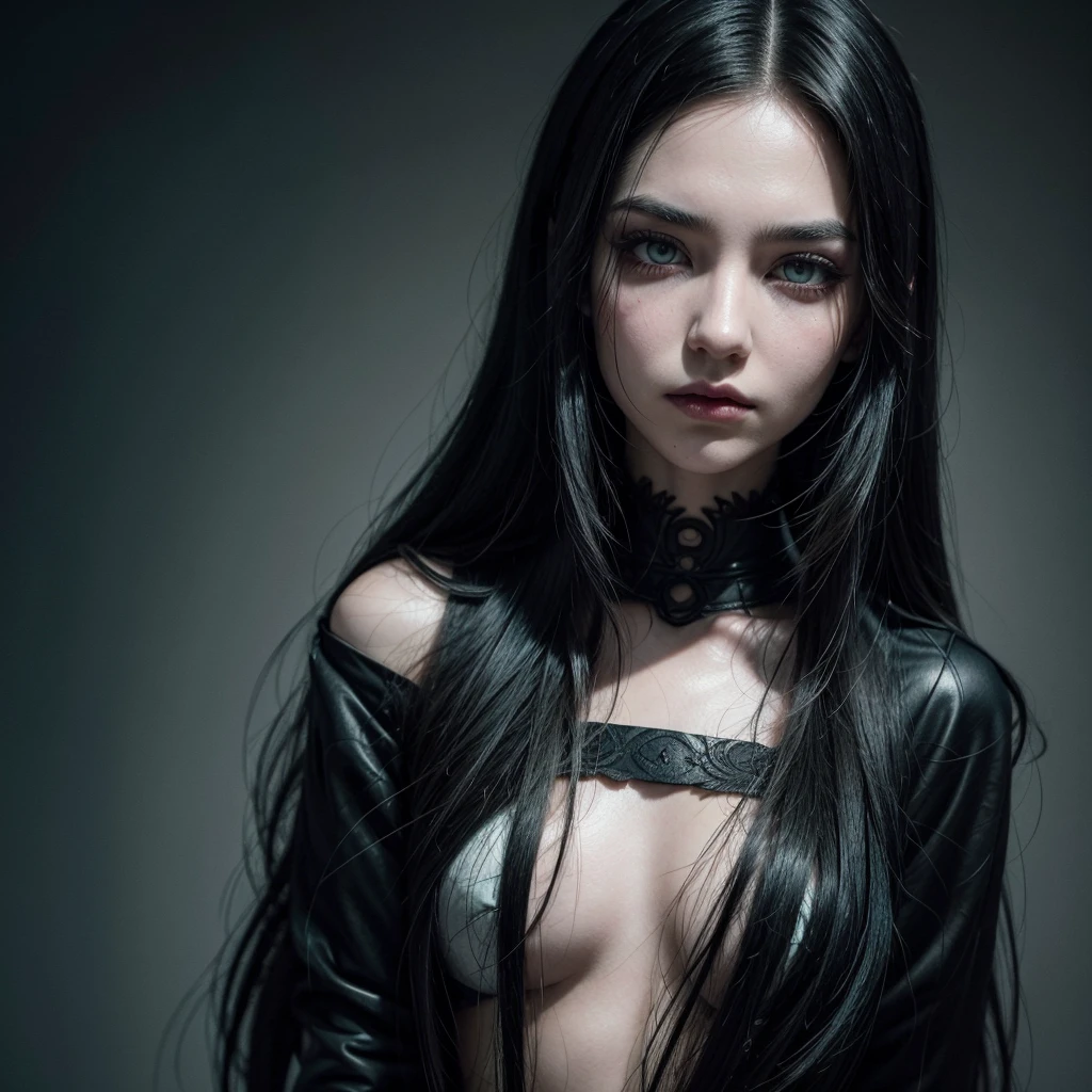 A close-up portrait of a young woman between 25 and 30 years old, with long, black hair, and pale white skin. Her dark green eyes are striking, enhanced by bold makeup. She embodies a rock and gothic style, with an alternative edge. The expression on her face is confident and enigmatic, capturing the essence of a strong and mysterious character. The background is subtle, allowing her fierce look and alternative fashion to stand out, in harmony with the dark and artistic content of the Instagram profile.