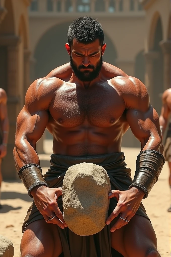 Roman fitness man training with stones