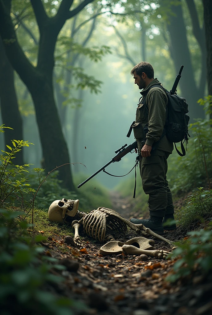 A skeleton laying on a forest ground and a huntsman with a gun looking at it