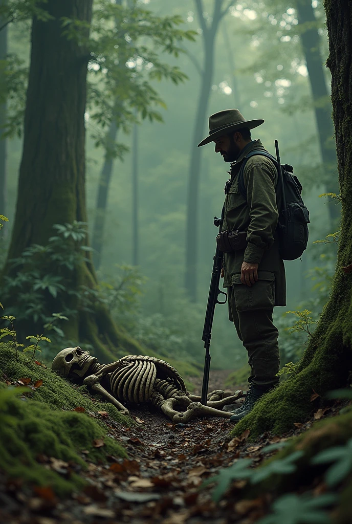 A skeleton laying on a forest ground and a huntsman with a gun looking at it