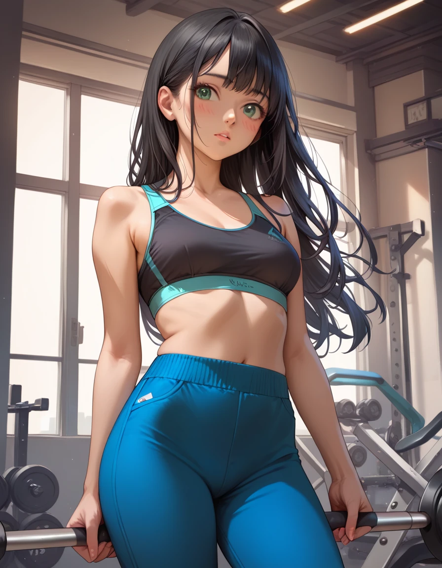 (score_8, score_8_up,masterpiece,highest quality,Perfect Anatomy,Exquisite detailed,realistic)(hyper realistic:0.4)sbyrn, long hair, black hair, bangs, green eyes, medium breasts,black sports bra,blue pants,blush,gym